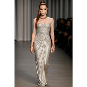 Mignon Gown Silver Champagne sz 6 Gathered Waist Prom Red Carpet Gala Elegant